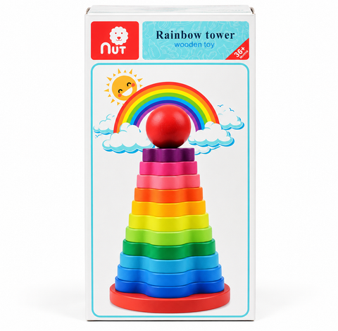 NUT wooden rainbow stacking tower toy box with multicoloured graduated rings and red ball topper, ages 3+