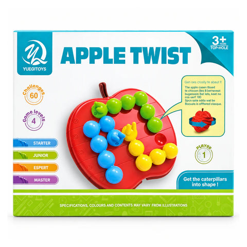علبة لعبة Apple Twist المنطقية لسن 3+، للاعب واحد، فيها التفاحة الحمرا والدود الملون و60 تحدي من المبتدئ للمحترف