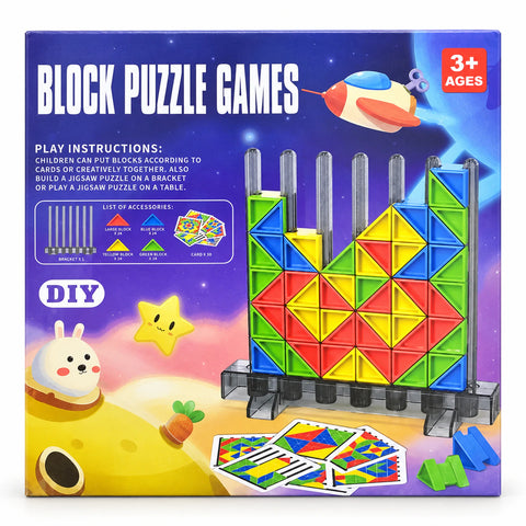 Block Puzzle Games box: a colourful triangle-block pattern built on the column stand, play instructions, a cartoon bunny and a 3+ age mark