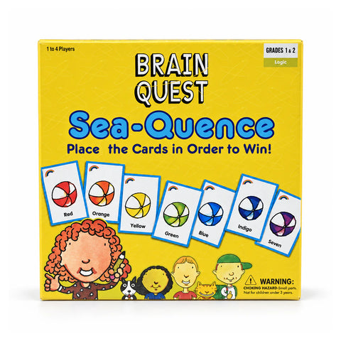 علبة Brain Quest Sea-Quence مكتوب عليها رتّب الكروت علشان تكسب، وعليها كروت كور شاطئ ملونة وأطفال كرتون
