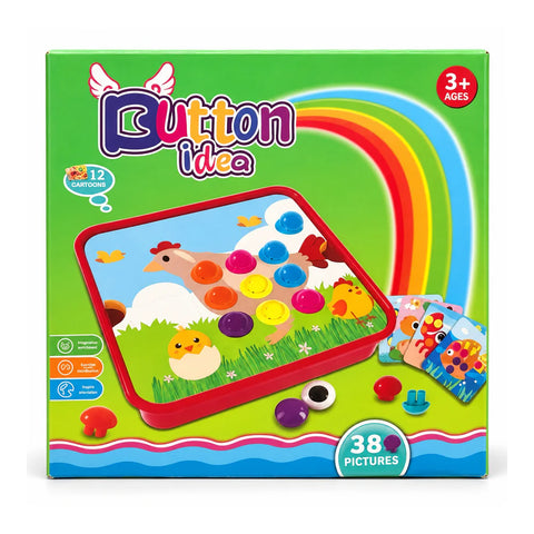 علبة Button Idea عليها لوحة الأزرار الحمرا بصورة الفرخة، و38 صورة، وعلامة السن 3+