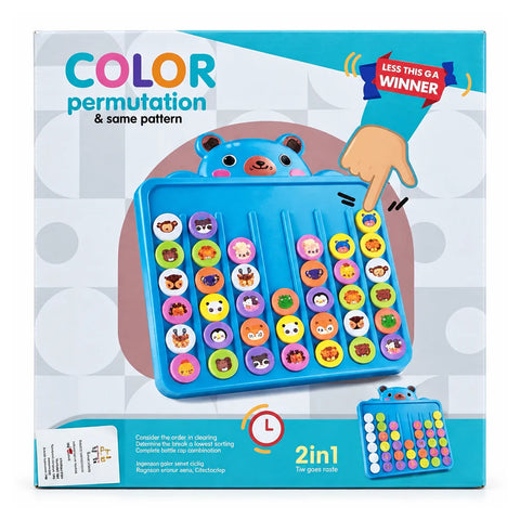 علبة لعبة Color Permutation اتنين في واحد: لوحة زرقا على شكل دبدوب فيها قطع حيوانات ملونة وإيد بتحركها بالترتيب