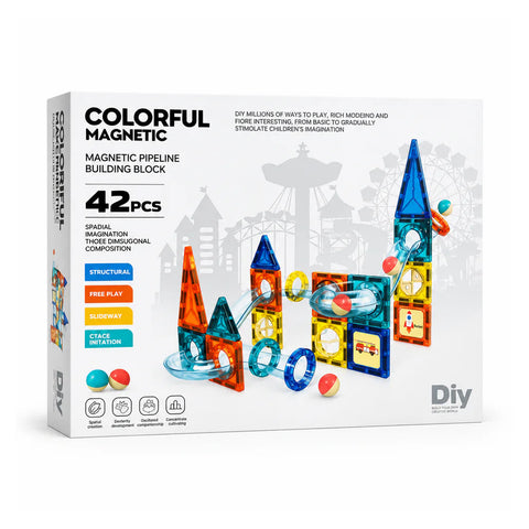 Colorful Magnetic pipeline building block box, 42 pieces, showing magnetic tile towers with a clear ball-run tube