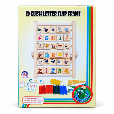 علبة English Letter Flap Frame عليها لوحة الحروف الخشب وكل حرف تحته فتحة بتتقلب