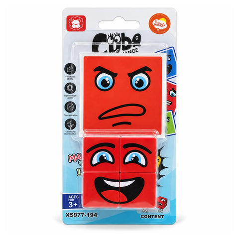 Red face-change cube set in its blister card, ages 3+, two red cubes showing an angry and a laughing face