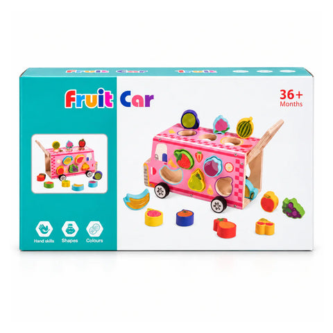 علبة Fruit Car من 36 شهر وطالع، لمهارات الإيد والأشكال والألوان، عليها العربية الخشب وقطع الفاكهة بتاعتها