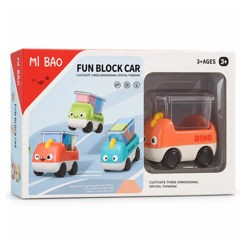 Fun Block Car box, ages 3+, showing three block-loading cars in orange, green and blue