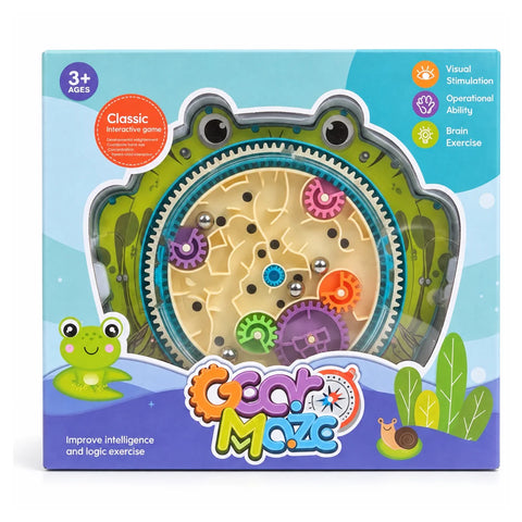 علبة Gear Maze لسن 3+: لوحة متاهة على شكل ضفدع فيها تروس ملونة وكور معدن، وضفدع كرتون