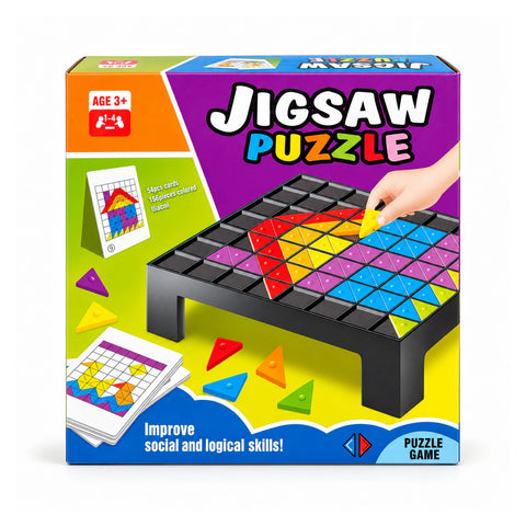 علبة لعبة Jigsaw Puzzle بالمثلثات، لسن 3+، 54 كارت صور و156 قطعة ملونة، عليها صورة معمولة من مثلثات على لوحة سودا