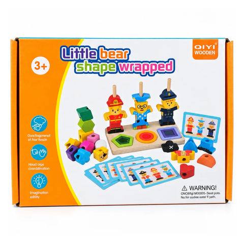 علبة QIYI Little Bear Shape Wrapped لسن 3+، عليها العامود الخشب بتلات أعمدة وكروت الصور