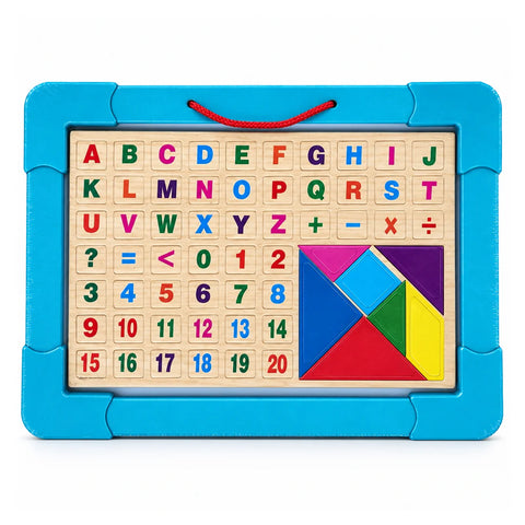 Magnetic board in a blue frame with a carry cord, the letters A to Z, numbers 0 to 20, maths signs and a seven-piece tangram square