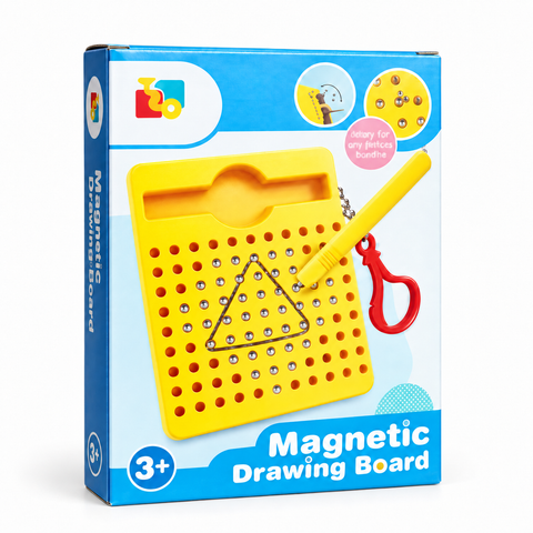 Magnetic Drawing Board box showing a yellow board with a triangle drawn in raised beads and the pen