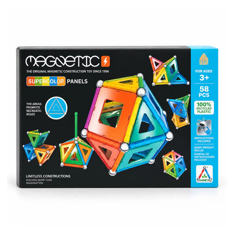Magnetic Supercolor Panels construction set box, 58 pieces, ages 3+, with rods, steel balls and coloured triangle and square panels