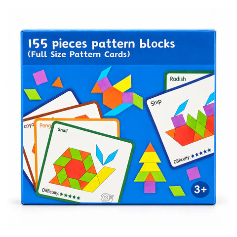 علبة 155 pieces pattern blocks بكروت بالحجم الحقيقي، لسن 3+، عليها مركب وحلزون وبطريق معمولين من أشكال