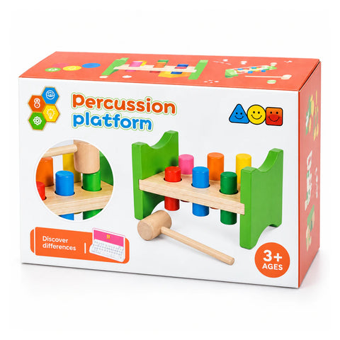 علبة Percussion platform لسن 3+، عليها المنضدة الخضرا الخشب بأوتادها الملونة والشاكوش