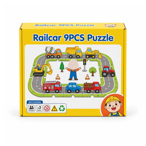 Railcar 9PCS Puzzle box showing a road track puzzle with vehicles, trees and traffic lights