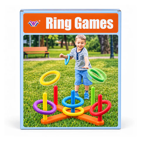 علبة Ring Games عليها ولد بيرمي حلقات على قاعدة الحلقات اللي على شكل صليب في جنينة