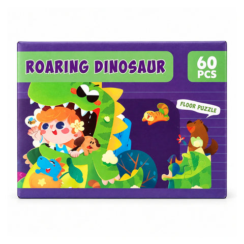 علبة بازل أرضي Roaring Dinosaur من 60 قطعة عليها طفل وديناصورات كرتون