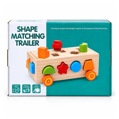 علبة Shape Matching Trailer عليها المقطورة الخشب اللي بتتسحب وقطع الأشكال الملونة
