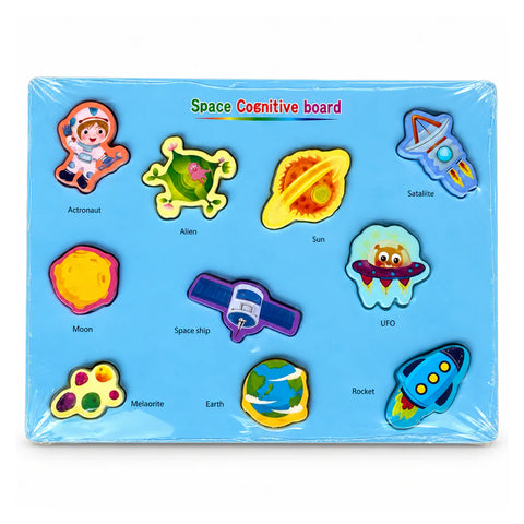 Space Cognitive Board in its clear shrink wrap, with shaped pieces for the sun, moon, Earth, a rocket, an astronaut and more