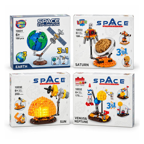 العلب الأربعة لمكعبات Space Exploration تلاتة في واحد، لسن 6+: الأرض 190 قطعة، والشمس 200، وزحل 188، والزهرة ونبتون 175