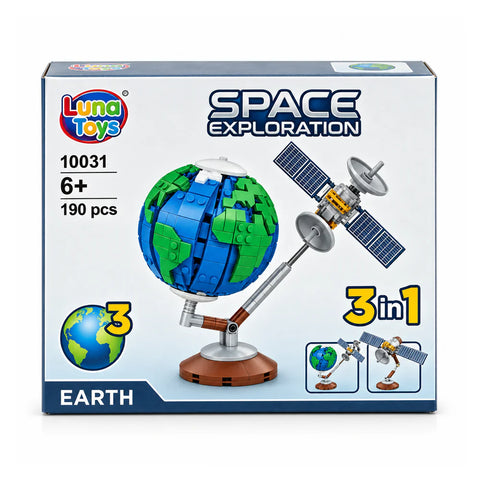 Space Exploration Earth building block box, 3 in 1, ages 6+, 190 pieces, showing the Earth globe and a satellite
