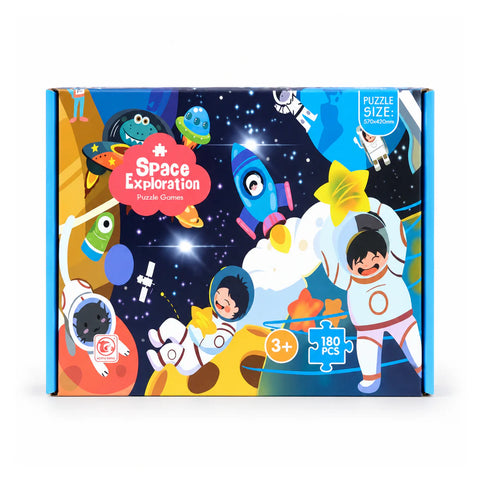 Space Exploration puzzle box, 180 pieces, ages 3+, 570 × 420 mm, with cartoon astronauts and rockets