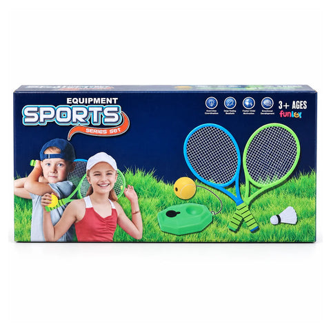 Sports equipment racket set box, ages 3+, with two children playing with rackets, a ball on a stand and a shuttlecock