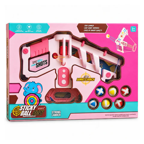 Sticky Ball Bow box, ages 3+, with the pink bow launcher, sticky balls and an elephant target
