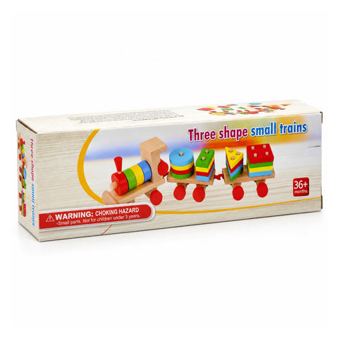 Three shape small trains box, 36 months and up, showing the wooden engine and wagons loaded with coloured shapes