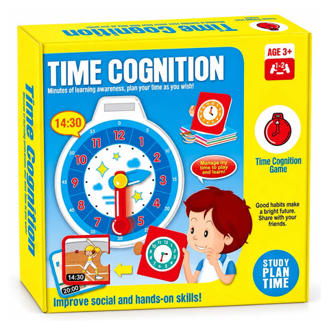 علبة ساعة التعليم Time Cognition، لسن 3+، عليها الساعة بعقارب بتتحرك وكروت الروتين اليومي وطفل بيتعلم الوقت