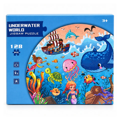 علبة بازل Underwater World من 128 قطعة، لسن 3+، عليها الصورة المدوّرة للبحر بحوت وحورية ومركب قراصنة