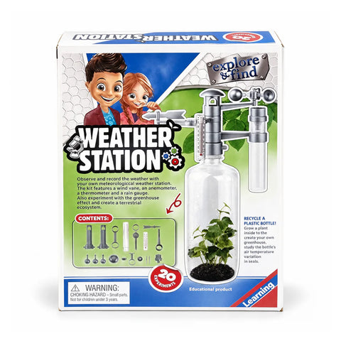 علبة طقم Weather Station العلمي فيها دوارة رياح ومقياس سرعة الهوا وترمومتر ومقياس مطر، وتجربة صوبة في زجاجة