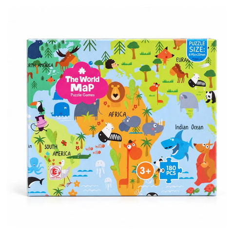 علبة بازل The World Map من 180 قطعة، لسن 3+، عليها خريطة كرتون وعليها حيوانات كل قارة
