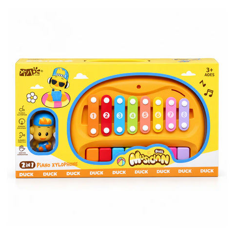 علبة 2 in 1 Piano Xylophone لسن 3+، عليها الآلة بقضبان الإكسيلوفون الملونة وأزرار البيانو ومجسم البطة