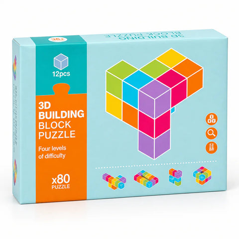 علبة 3D Building Block Puzzle، مكتوب عليها 12 قطعة وأربع مستويات صعوبة و80 لغز