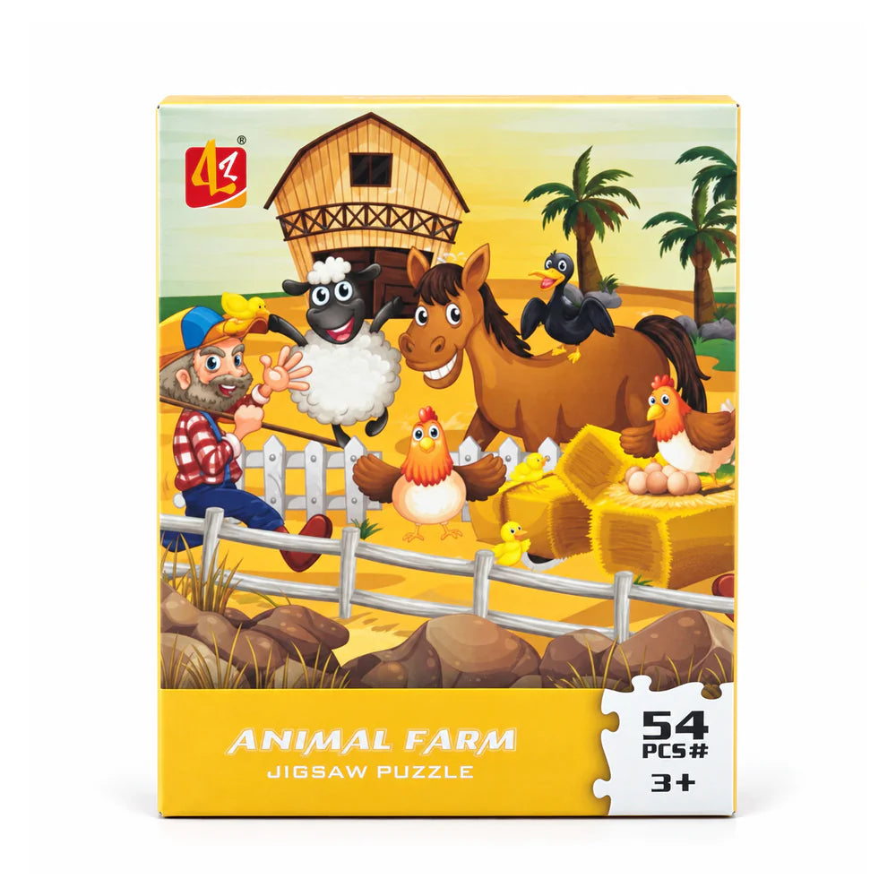علبة بازل Animal Farm من 54 قطعة، لسن 3+، عليها فلاح وخروف وحصان وفراخ قدام حظيرة