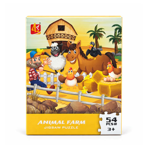 علبة بازل Animal Farm من 54 قطعة، لسن 3+، عليها فلاح وخروف وحصان وفراخ قدام حظيرة