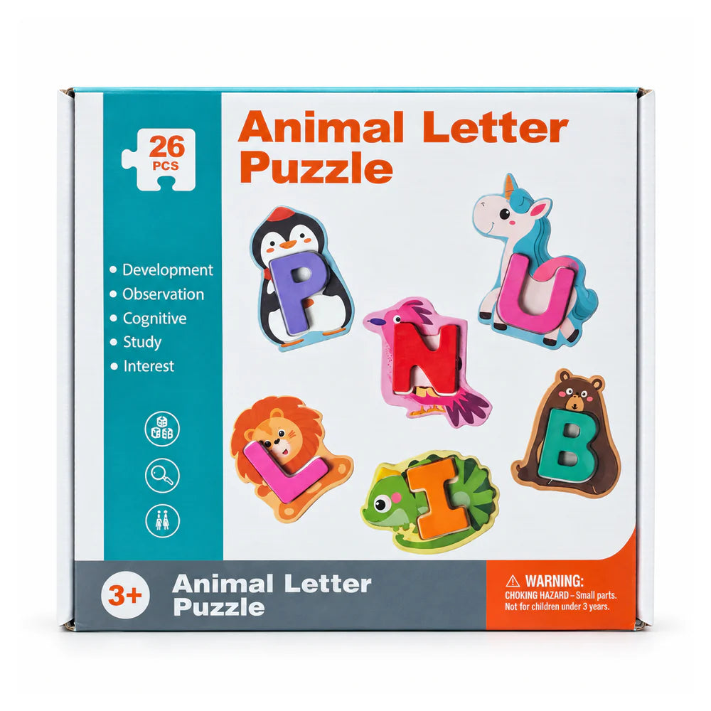 Animal Letter Puzzle box, 26 pieces, showing letters set into animal shapes: a penguin P, unicorn U, flamingo N, lion L, turtle I and bear B, with a 3+ age mark