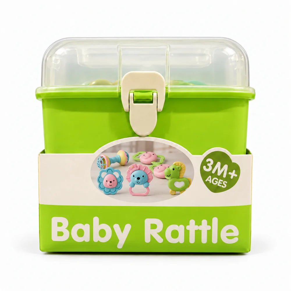 Baby Rattle set in its green carry case with a clear clip-shut lid, the rattles pictured on the sleeve and a 3M+ age mark