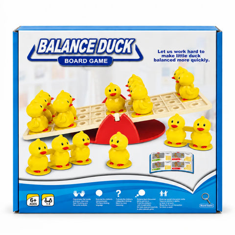 علبة لعبة Balance Duck عليها بطط صفرا متوازنة على الميزان الأحمر والكريمي، ومكتوب عليها 6+ ومن 1 لـ 4 لاعبين