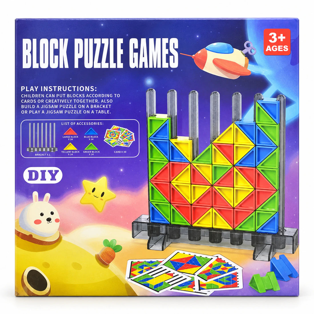 علبة Block Puzzle Games: شكل ملوّن من مكعبات مثلثة متركب على حامل الأعمدة، وتعليمات اللعب، وأرنب كرتون، وعلامة السن 3+