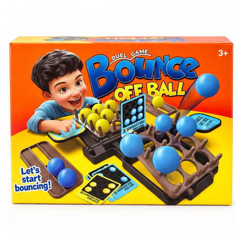 علبة لعبة Bounce Off Ball للاعبين، لسن 3+، عليها اتنين بيتسابقوا يحطوا كورهم في الشبكة
