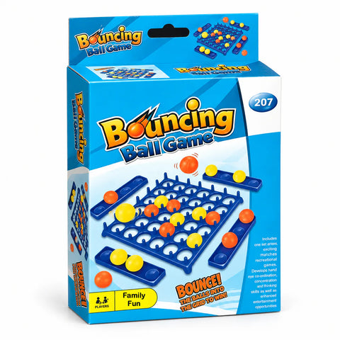 علبة Bouncing Ball Game عليها كور برتقاني وأصفر بتنط في الشبكة الزرقا، من 2 لـ 4 لاعبين