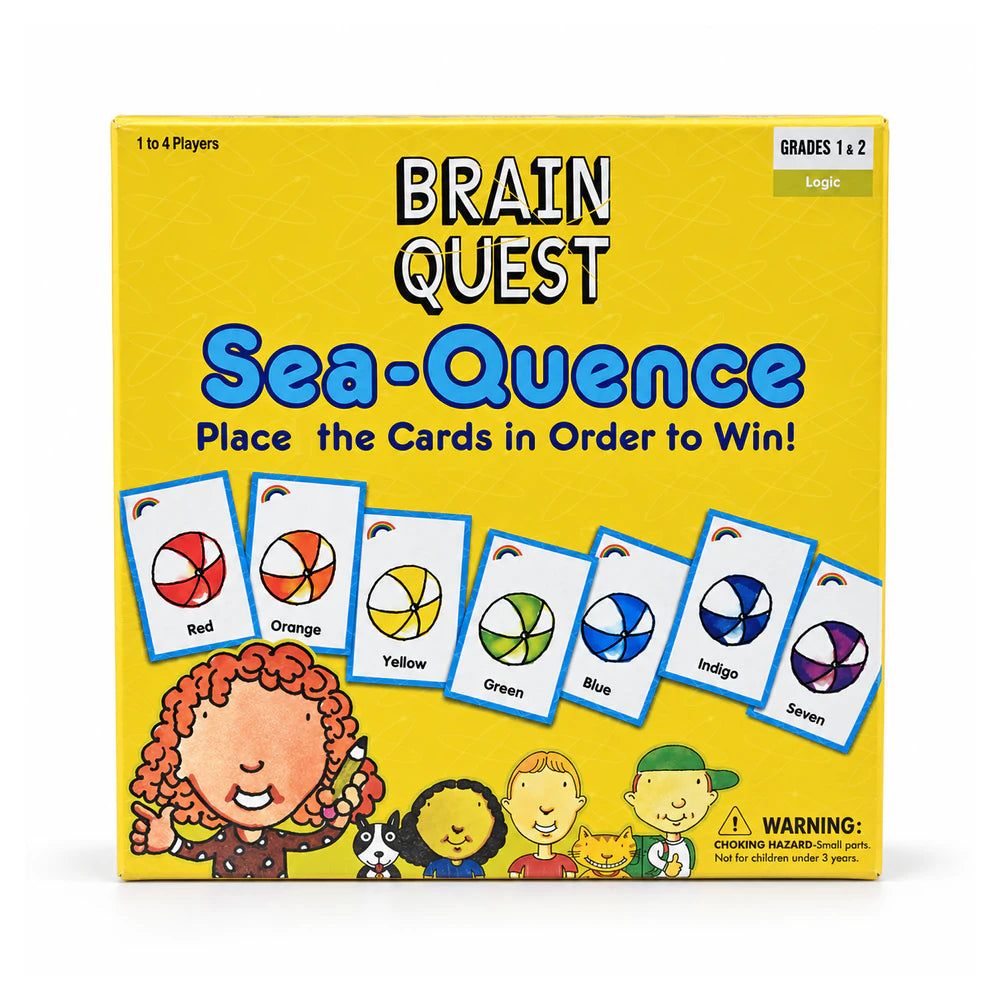 Brain Quest Sea-Quence box reading Place the Cards in Order to Win, with coloured beach-ball cards and cartoon kids on the front