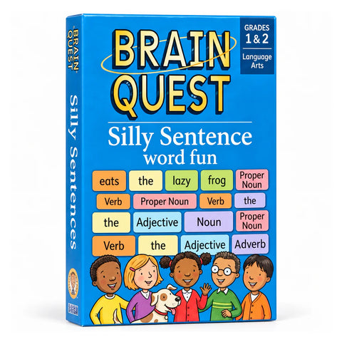 Brain Quest Silly Sentences word fun box for grades 1 and 2, with colour-coded word cards building a sentence