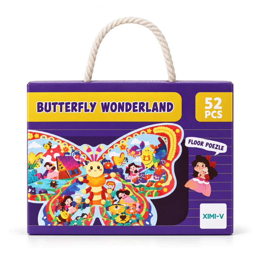 Butterfly Wonderland 52-piece floor puzzle box with a carry handle, showing the butterfly-shaped puzzle full of fairy-tale characters