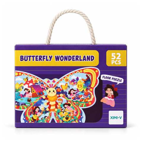 علبة بازل أرضي Butterfly Wonderland من 52 قطعة بمسكة، عليها البازل على شكل فراشة مليان شخصيات حكايات