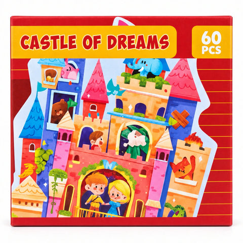 علبة بازل Castle of Dreams من 60 قطعة، عليها صورة القلعة بالأمير والأميرة والساحر والحيوانات على غطا أحمر