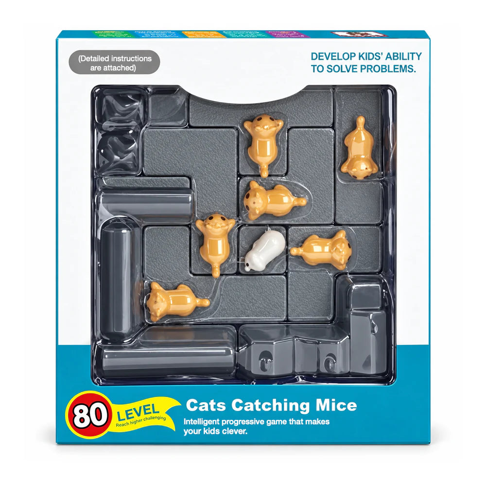 Cats Catching Mice box with an 80-level ribbon, showing the grey puzzle pieces, cats and mouse through its window